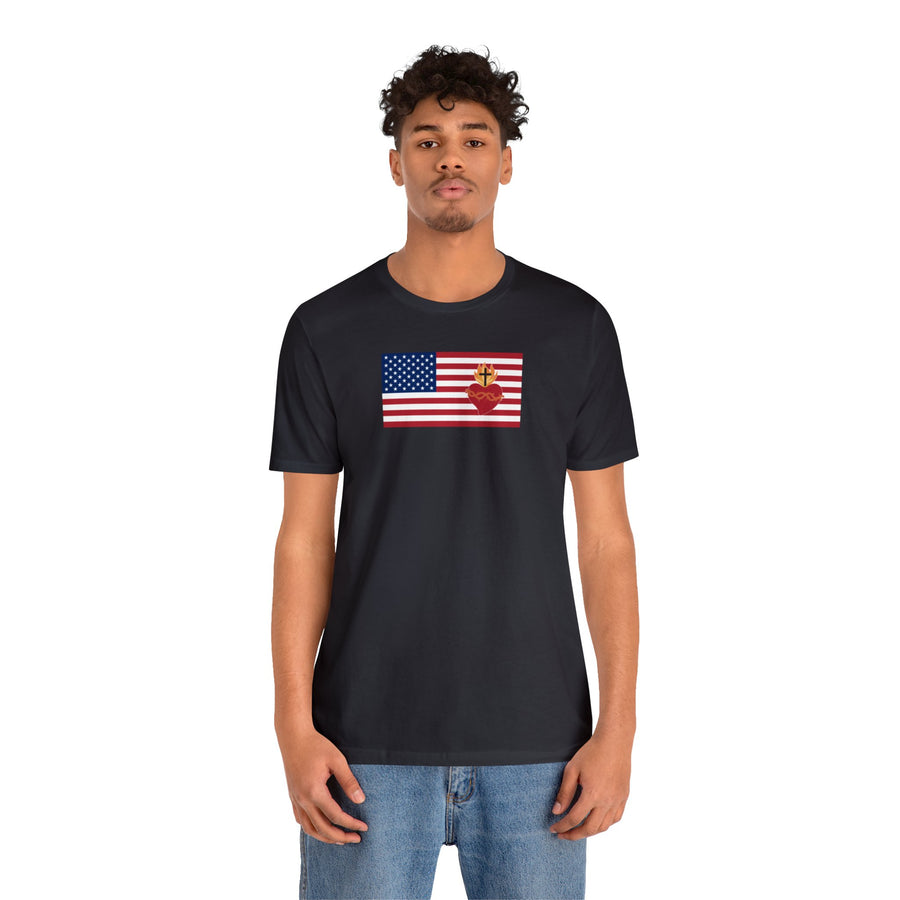 American USA Flag with sacred heart Christian Catholic religious t-shirt