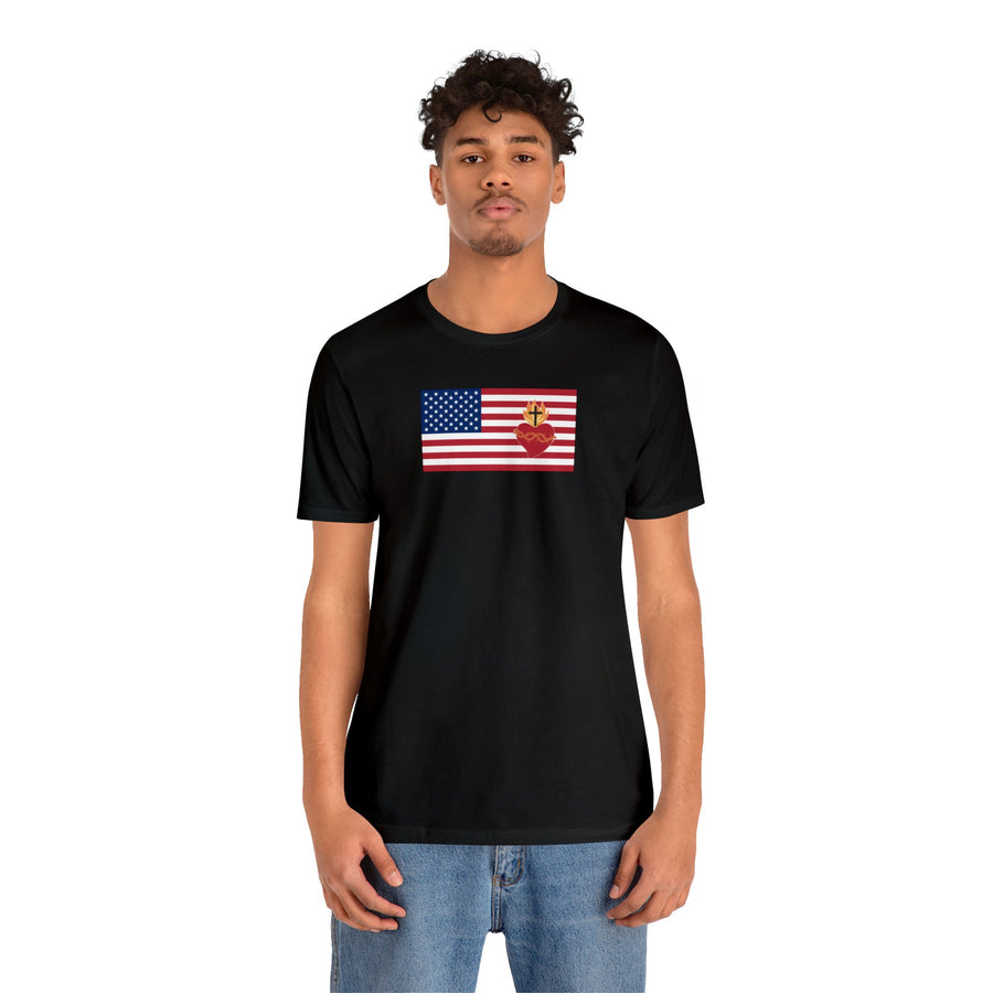 American USA Flag with sacred heart Christian Catholic religious t-shirt